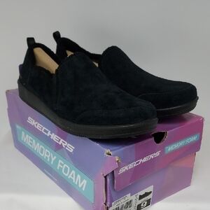 Skechers Madison Ave Plushed Black Suede Memory Foam Slip-On Loafers, New